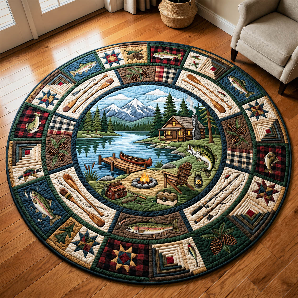 Lakeside Cabin Campfire Quilted Round Mat GFTOLAN633