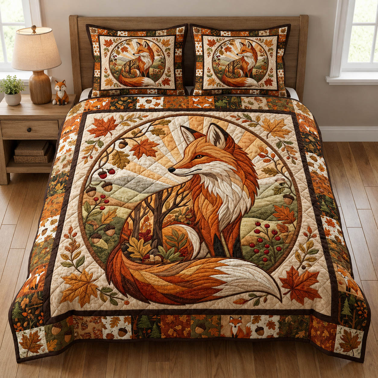 Cottage Autumn Fox 3-Piece Quilted Bedding Set GFTOLAN753