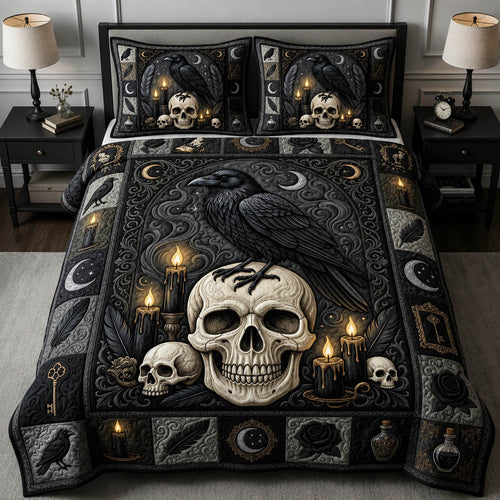 Gothic Raven Skull 3-Piece Quilted Bedding Set GFTOLAN938