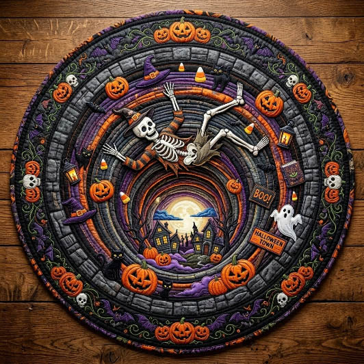 Skeleton Falling To Halloween Town Quilted Round Mat GFTOLAN966