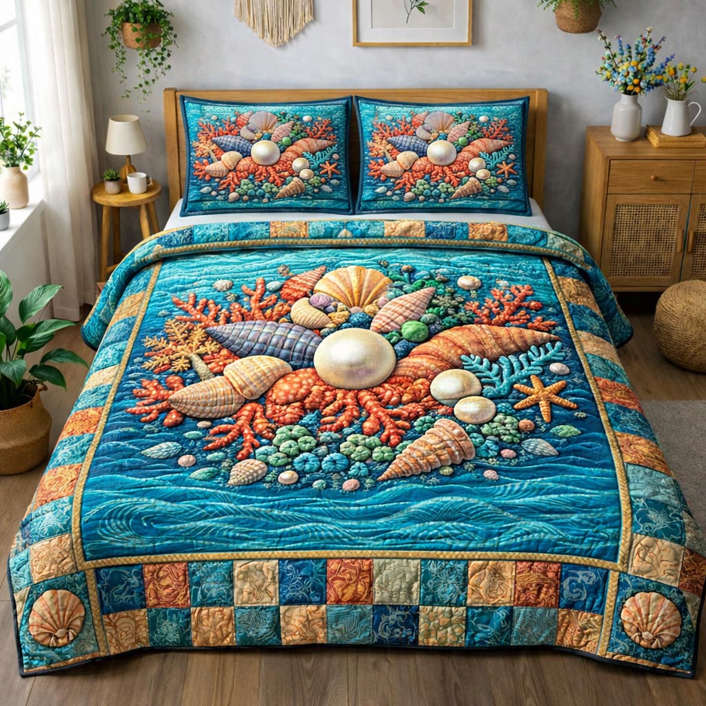 Ocean Shells 3-Piece Quilted Bedding Set GFTOMA10198