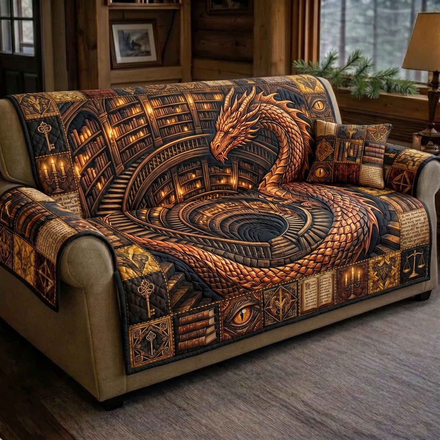 Ancient Library Quilted Sofa Cover GFTOMA12405