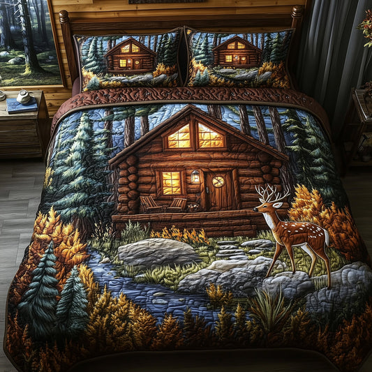Deer and Cabin 3-Piece Quilted Bedding Set GFTOMA1267