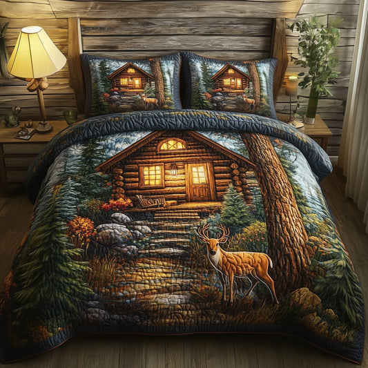 Deer and Cabin 3-Piece Quilted Bedding Set GFTOMA1268