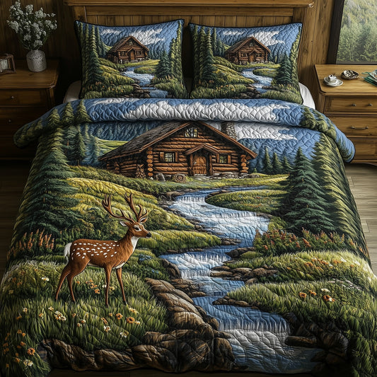 Deer and Cabin 3-Piece Quilted Bedding Set GFTOMA1270