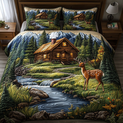 Deer and Cabin 3-Piece Quilted Bedding Set GFTOMA1271