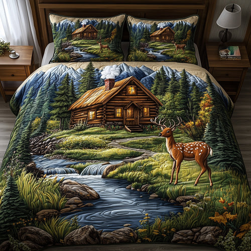 Deer and Cabin 3-Piece Quilted Bedding Set GFTOMA1271