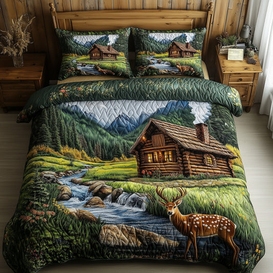 Deer and Cabin 3-Piece Quilted Bedding Set GFTOMA1272