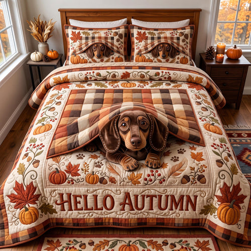 Pumpkin Dachshund 3-Piece Quilted Bedding Set GFTOMA12722