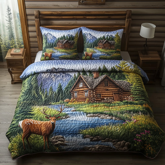 Deer and Cabin 3-Piece Quilted Bedding Set GFTOMA1275