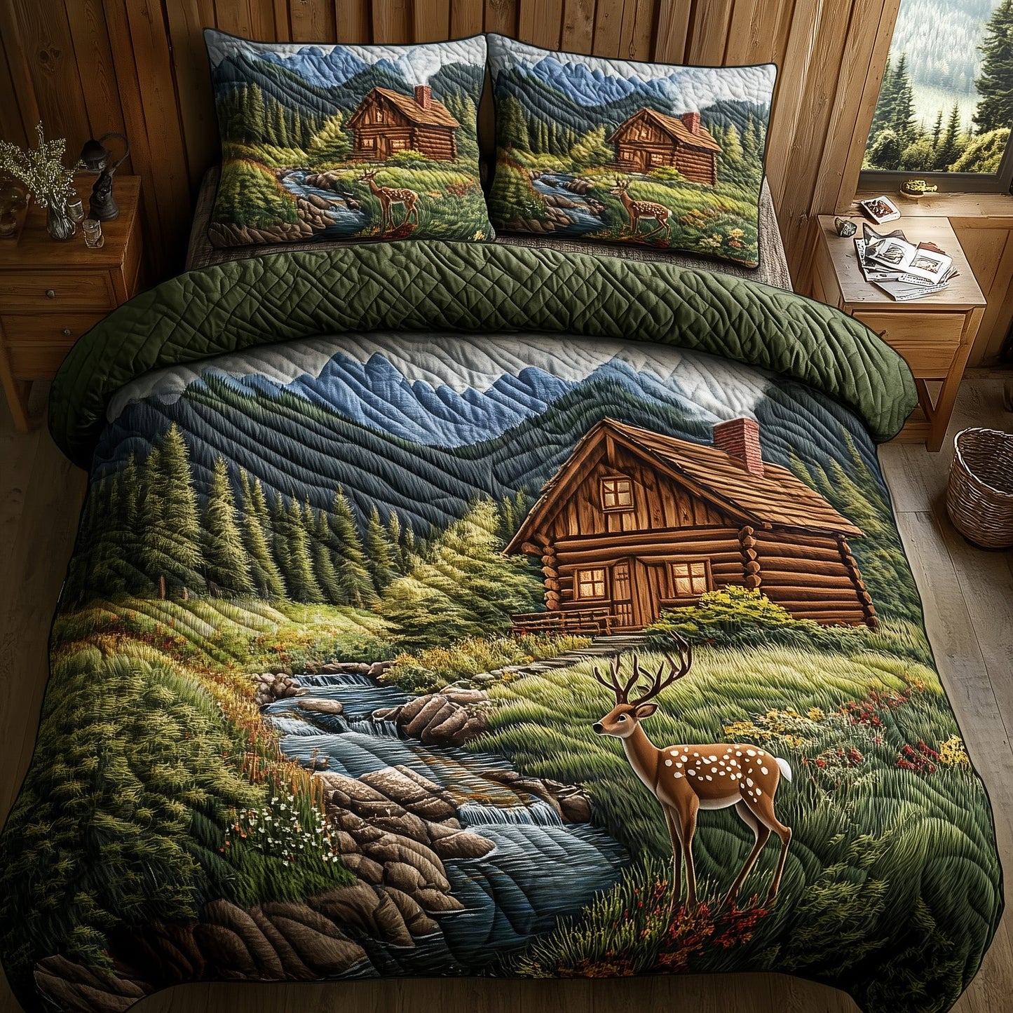 Deer and Cabin 3-Piece Quilted Bedding Set GFTOMA1279