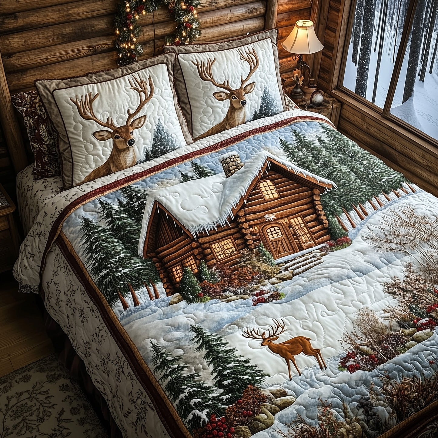 Deer and Cabin 3-Piece Quilted Bedding Set GFTOMA1280