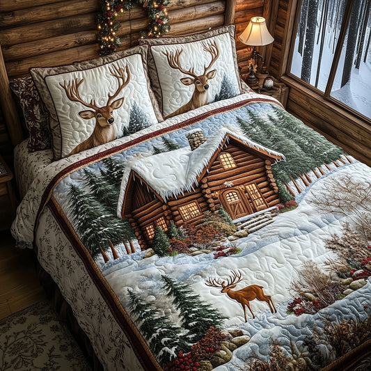 Deer and Cabin 3-Piece Quilted Bedding Set GFTOMA1280