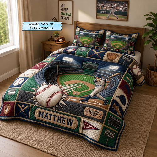 Personalized Baseball Grand Slam 3-Piece Quilted Bedding Set QTCUZ GFTOMA12953