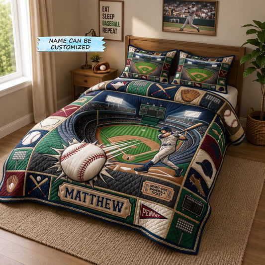 Personalized Baseball Grand Slam 3-Piece Quilted Bedding Set QTCUZ GFTOMA12953