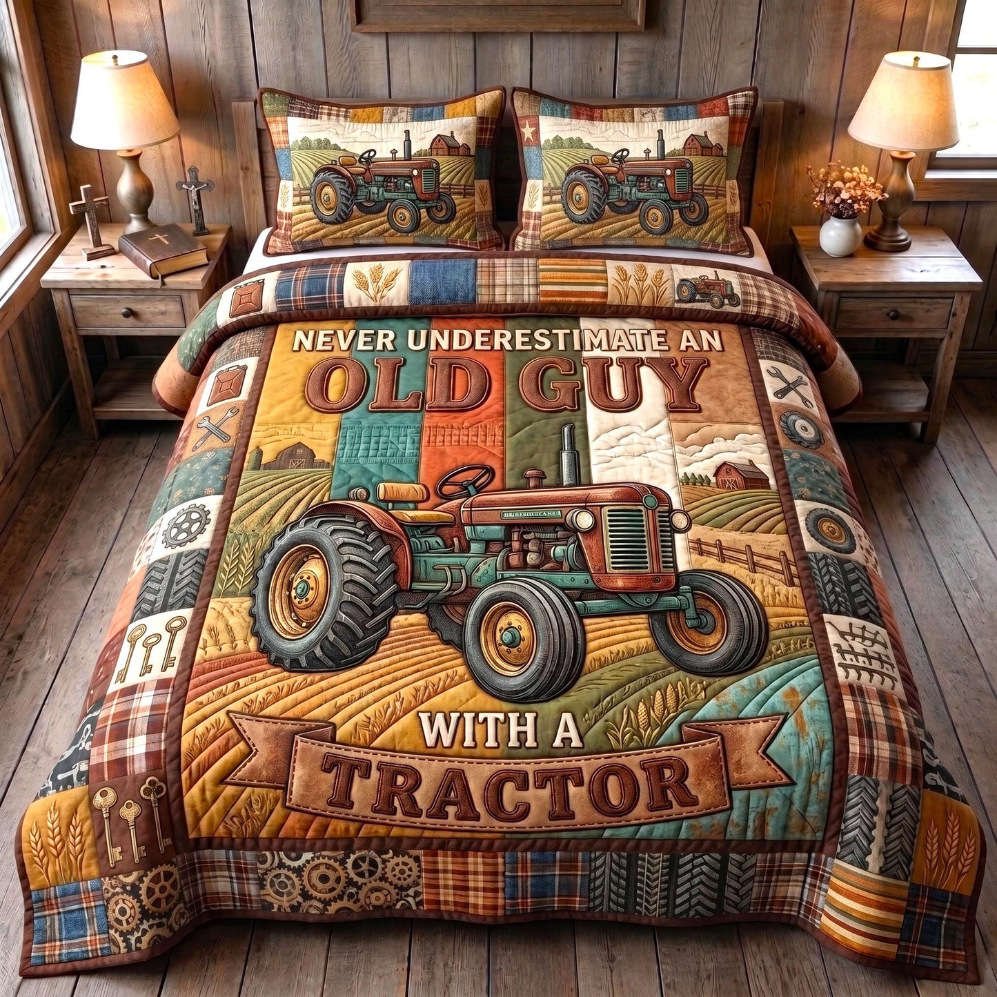 Old Guy Tractor 3-Piece Quilted Bedding Set GFTOMA13364