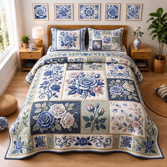 Blue Rose Garden 3-Piece Quilted Bedding Set GFTOMA13372