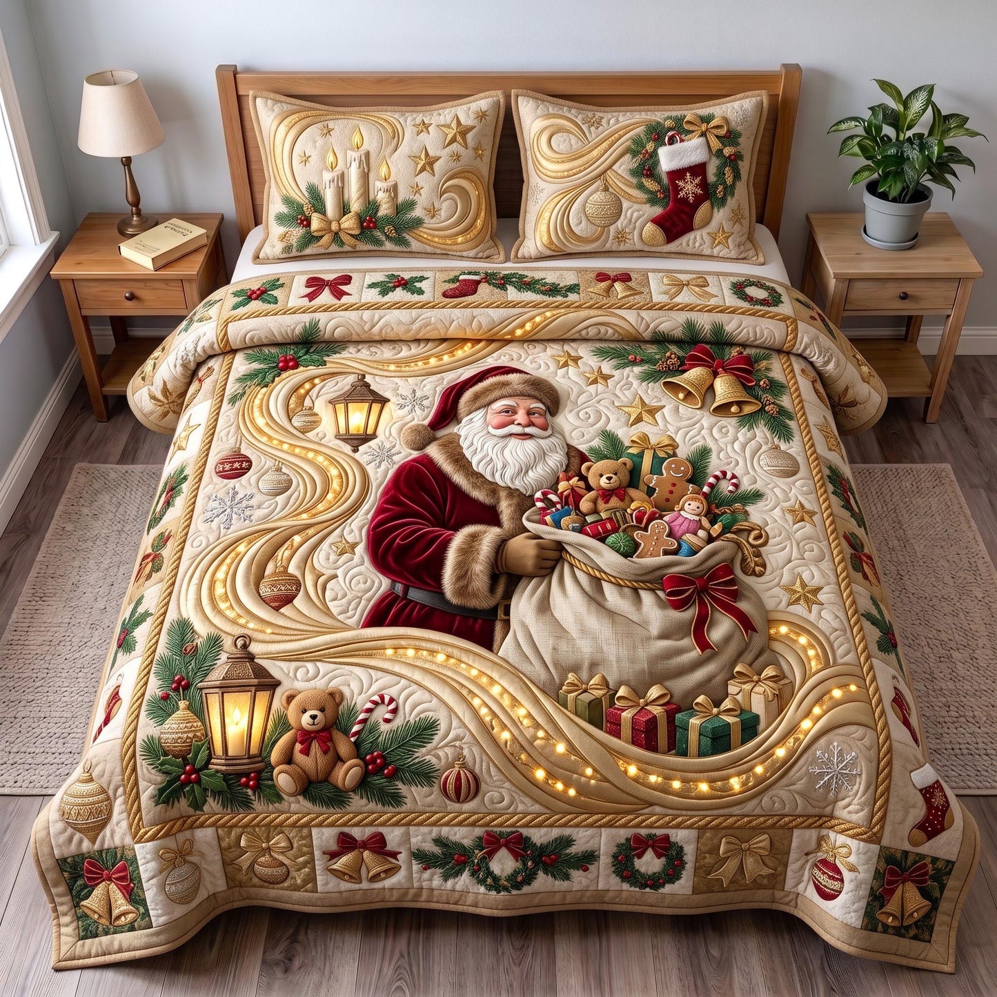 Golden Santa 3-Piece Quilted Bedding Set GFTOMA13658