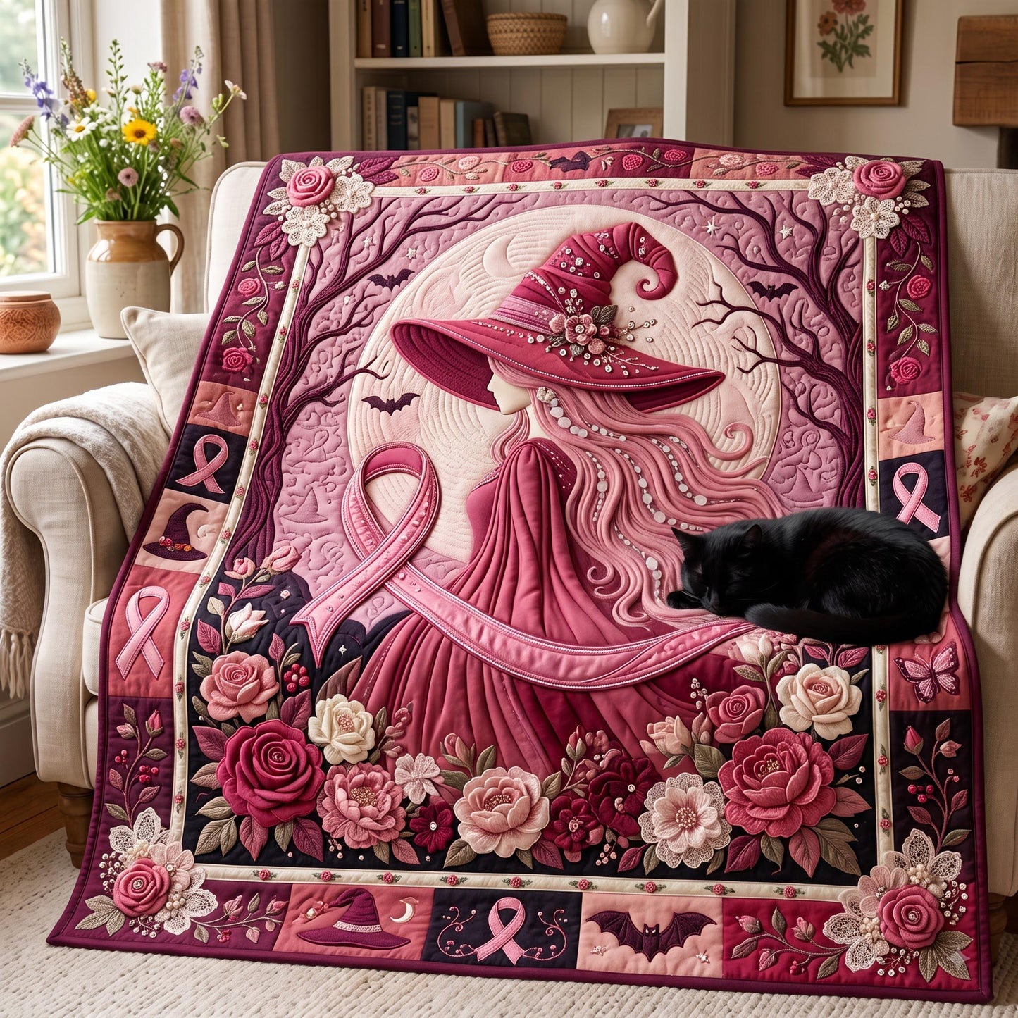 Pink Ribbon Witch Quilted Blanket GFTOMA13996