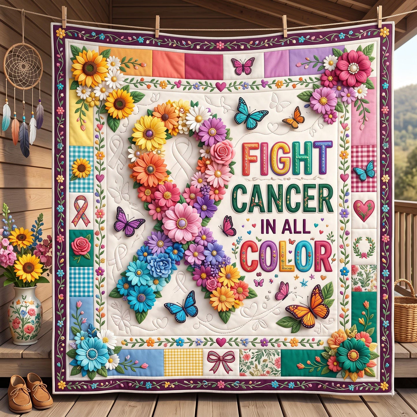 Cancer Blooms Quilted Blanket GFTOMA13998