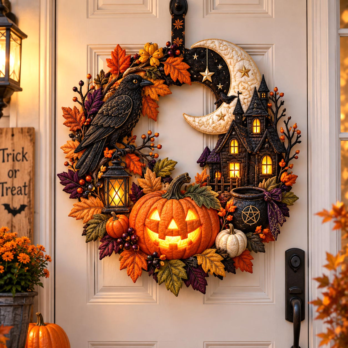 Raven Pumpkin Moon Custom Shape Quilted Door Hanger GFTOMA14460