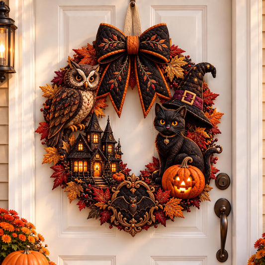 Black Cat Haunted Wreath Custom Shape Quilted Door Hanger GFTOMA14513