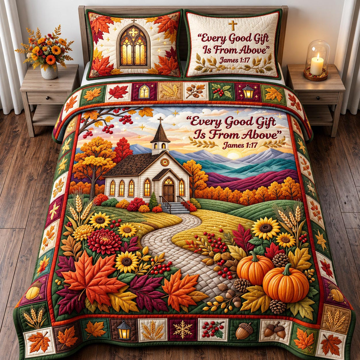 Christian Autumn Church 3-Piece Quilted Bedding Set GFTOMA14553