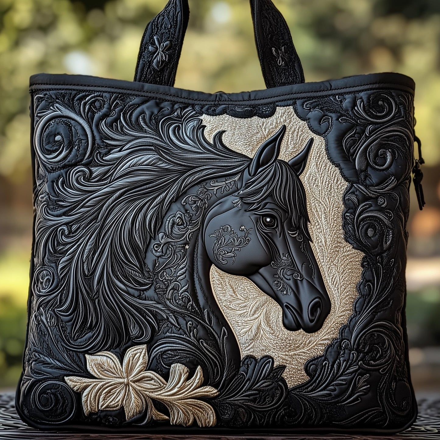 Mystic Black Horse Quilted Tote Bag GFTOMA1456