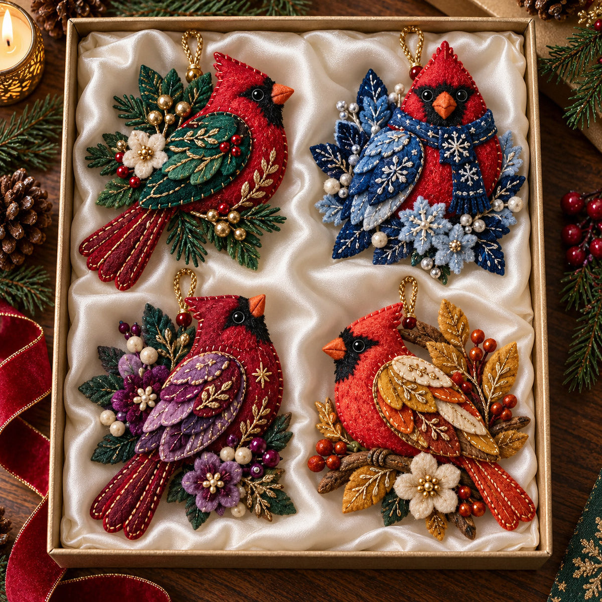 Floral Cardinal Felt Ornament Gift Set GFTOMA14703