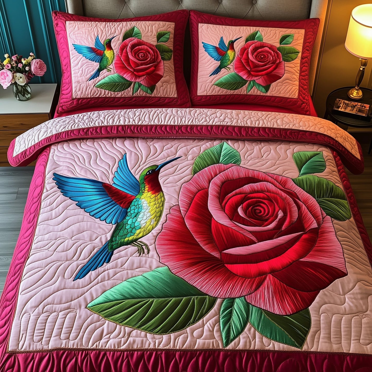 Rose And Hummingbird 3-Piece Quilted Bedding Set GFTOMA1502