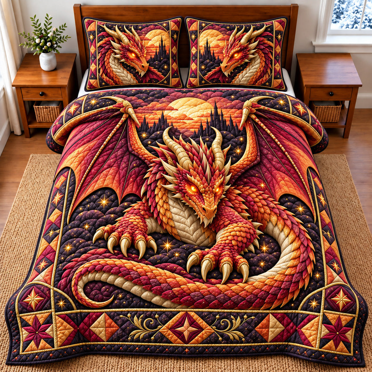 Flame Dragon 3-Piece Quilted Bedding Set GFTOMA15037