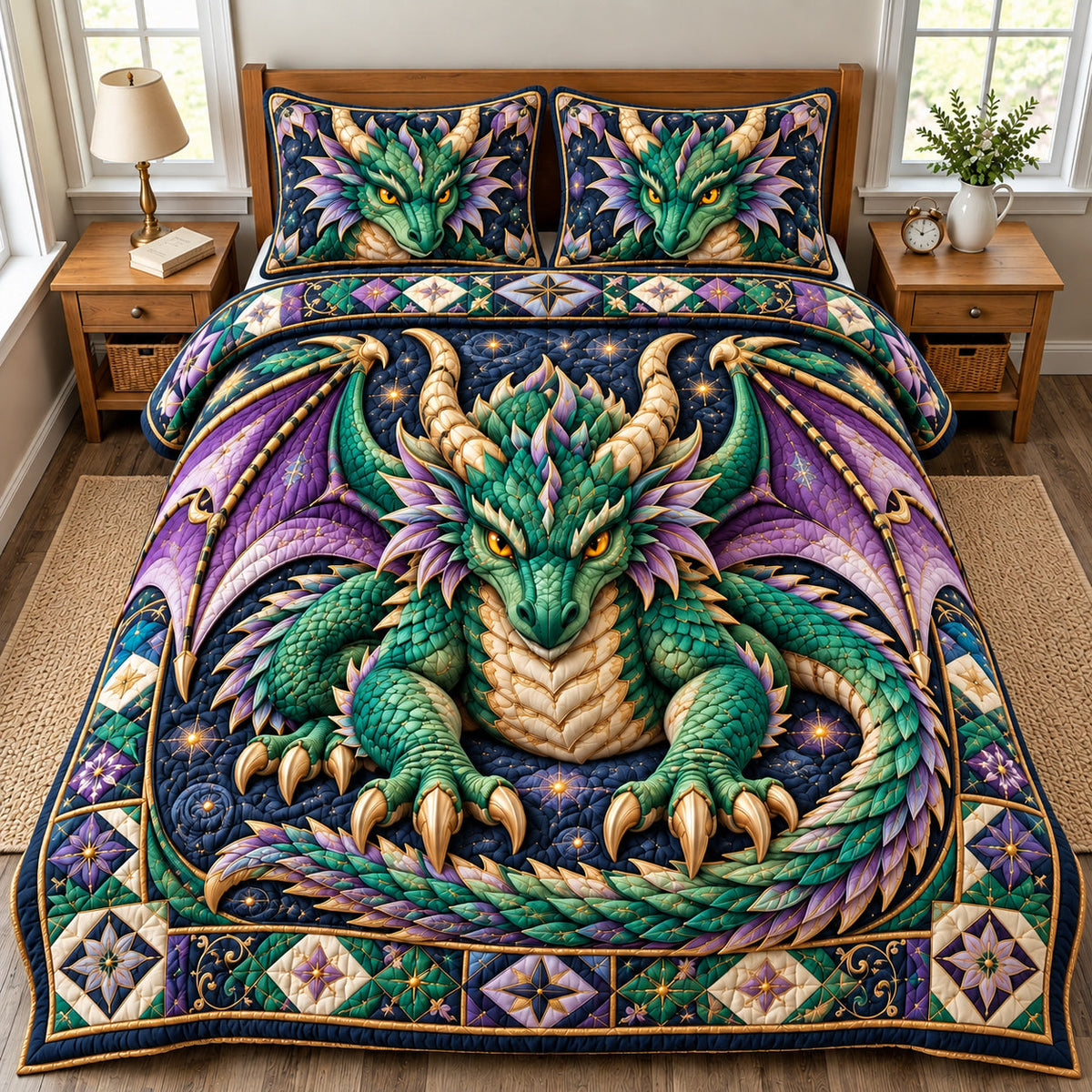 Emerald Dragon 3-Piece Quilted Bedding Set GFTOMA15038