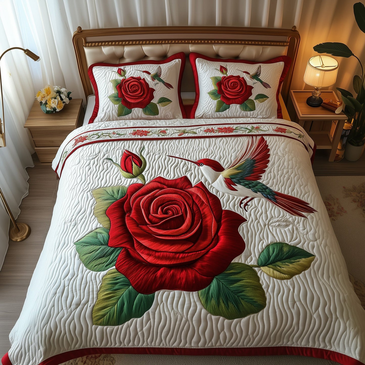 Rose And Hummingbird 3-Piece Quilted Bedding Set GFTOMA1505