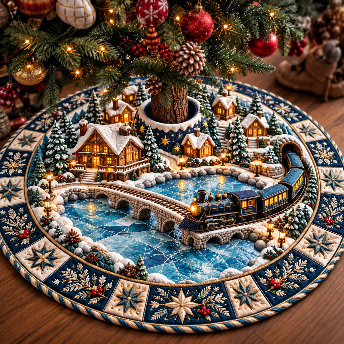Winter Village Train Quilted Tree Skirt GFTOMA15077