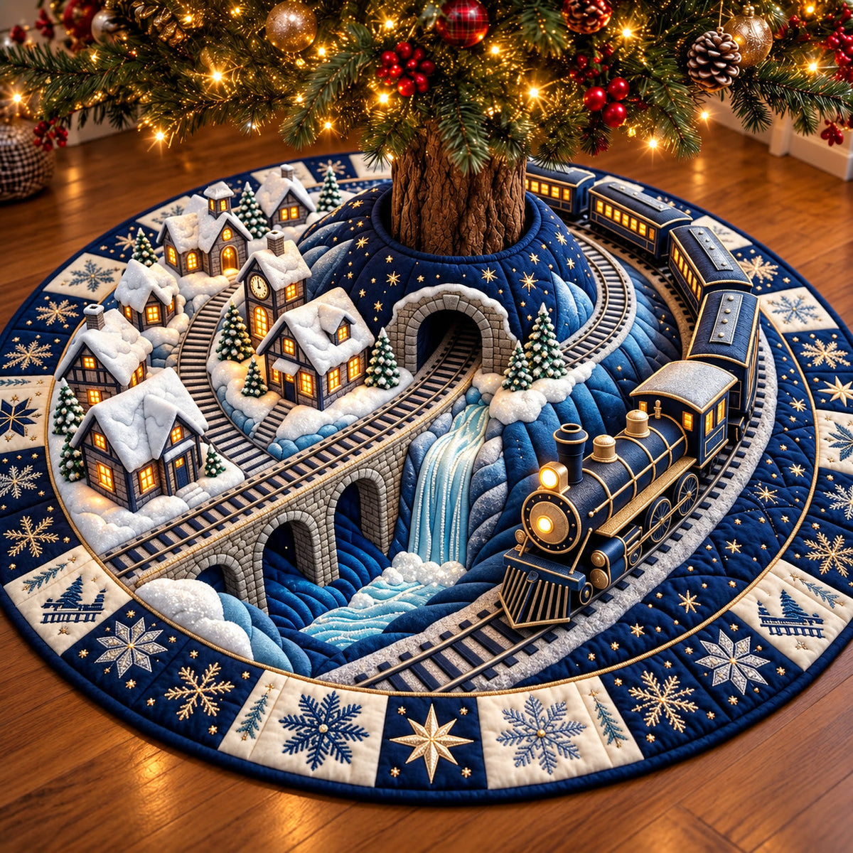 Snowy Bridge Train Quilted Tree Skirt GFTOMA15080