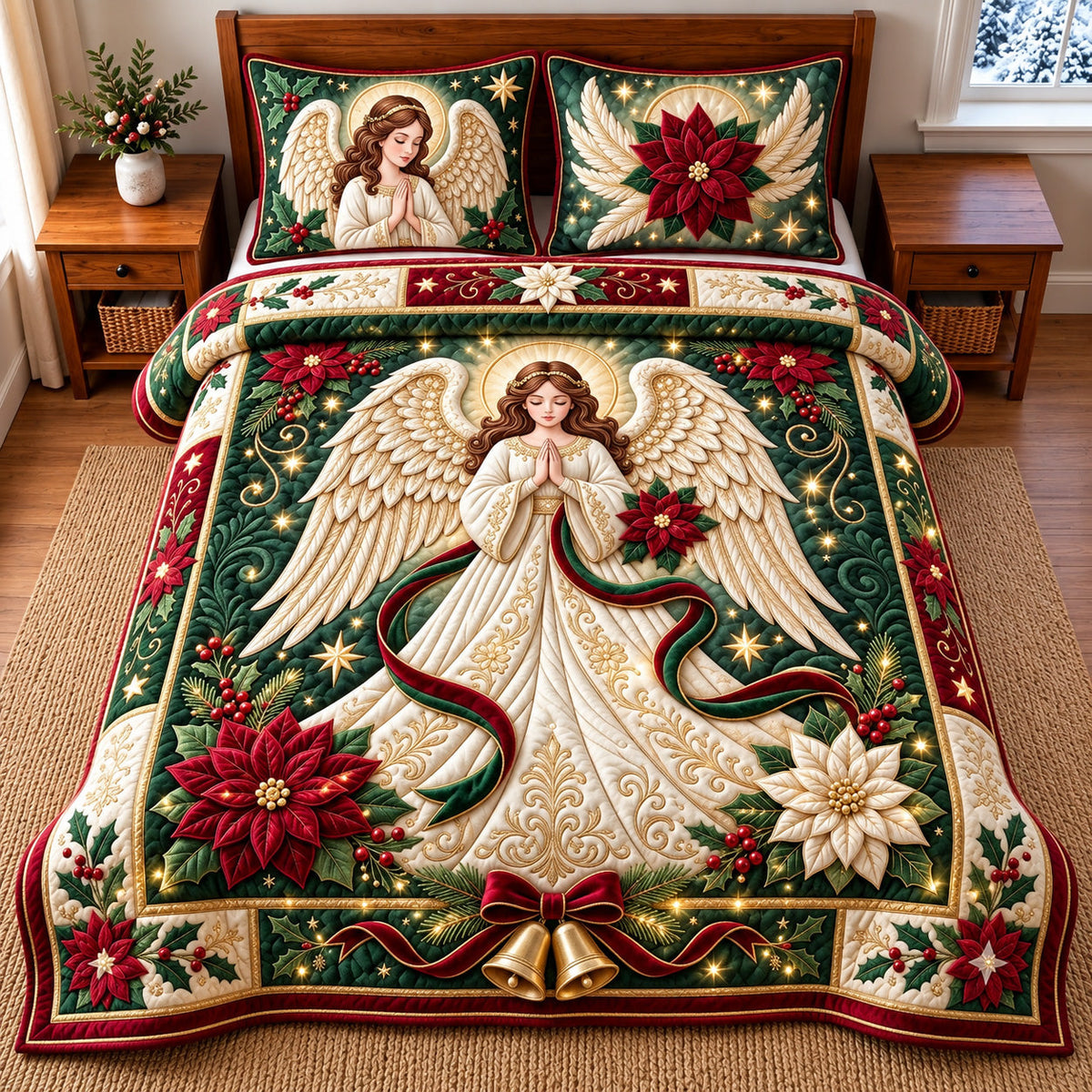 Poinsettia Angel 3-Piece Quilted Bedding Set GFTOMA15101