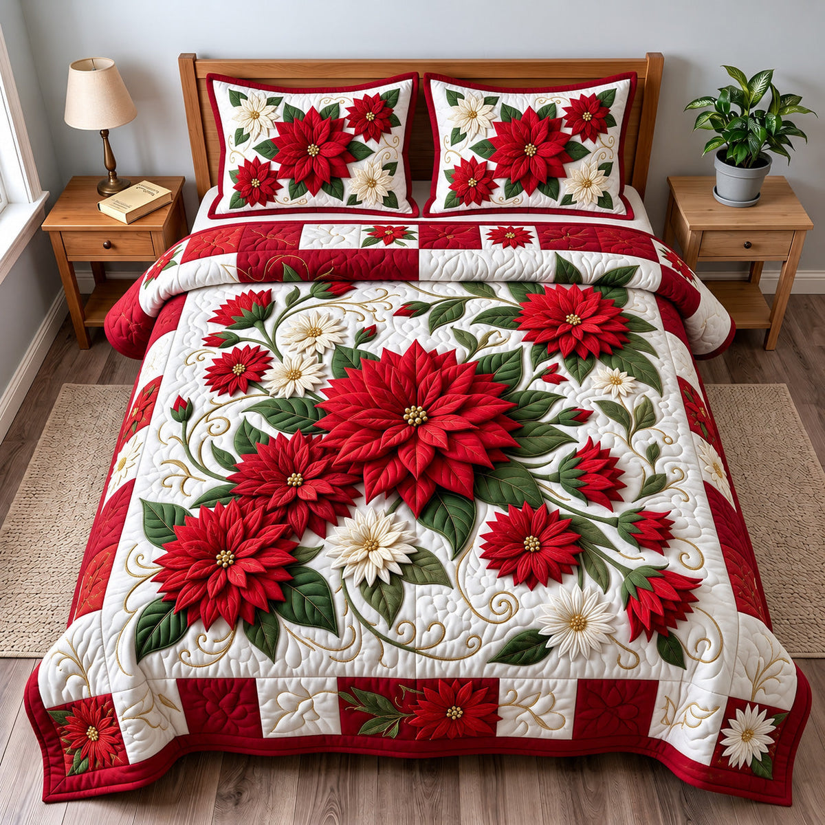 Red Poinsettia 3-Piece Quilted Bedding Set GFTOMA15112