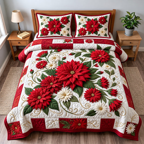 Red Poinsettia 3-Piece Quilted Bedding Set GFTOMA15112