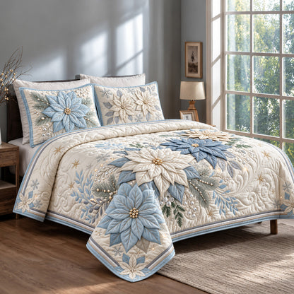Blue Poinsettia 3-Piece Quilted Bedding Set GFTOMA15114