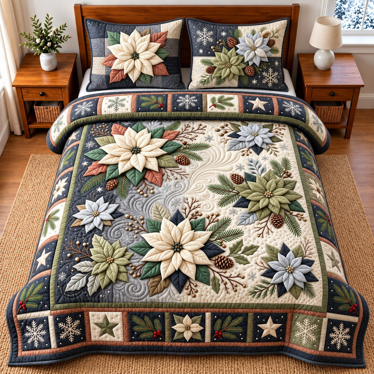 Winter Poinsettia 3-Piece Quilted Bedding Set GFTOMA15115