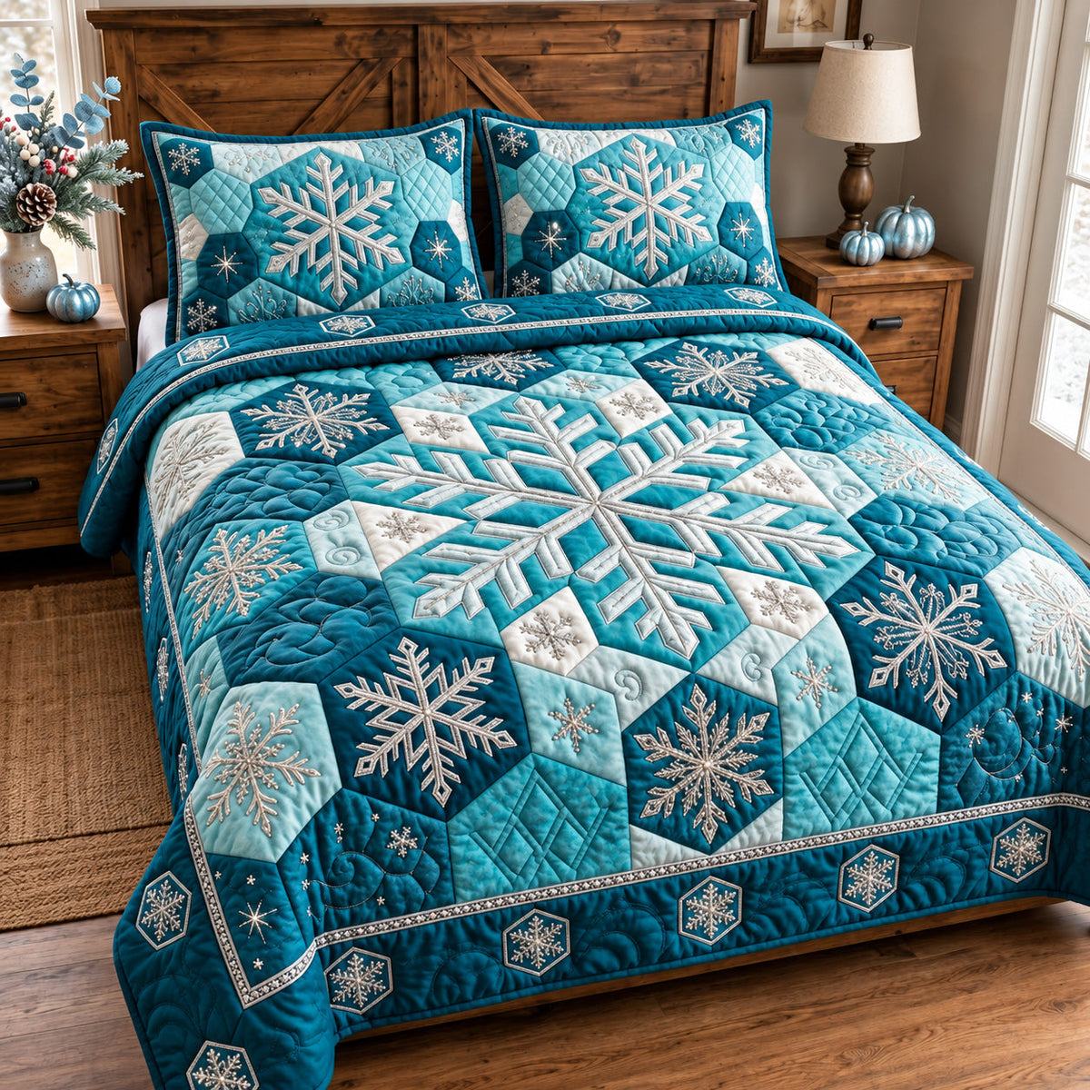 Blue Snowflake 3-Piece Quilted Bedding Set GFTOMA15149