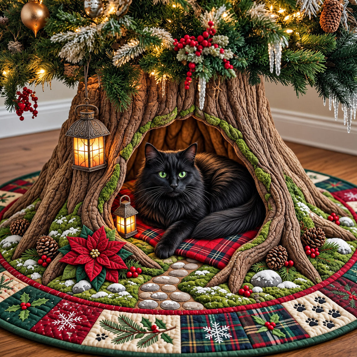 Poinsettia Cat Den Quilted Tree Skirt GFTOMA15213