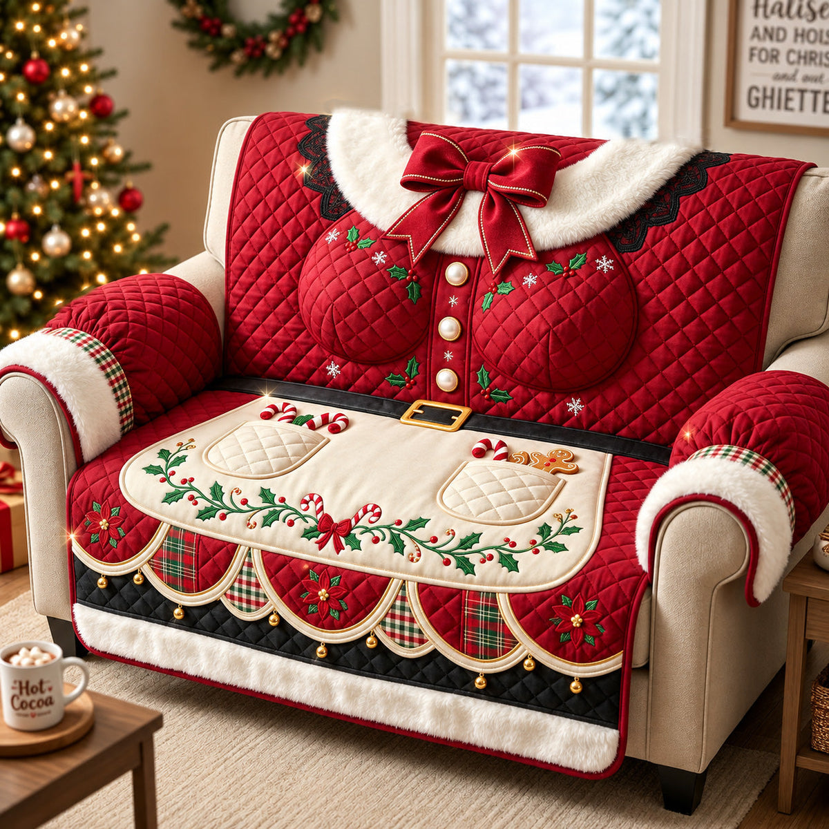 Christmas Bow Dress Quilted Sofa Cover GFTOMA15333