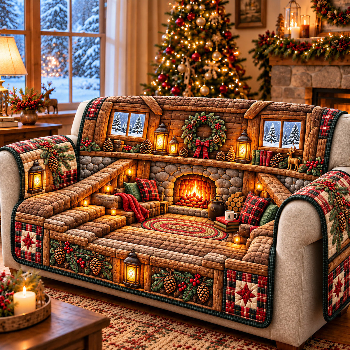 Cozy Christmas Cabin Quilted Sofa Cover GFTOMA15336