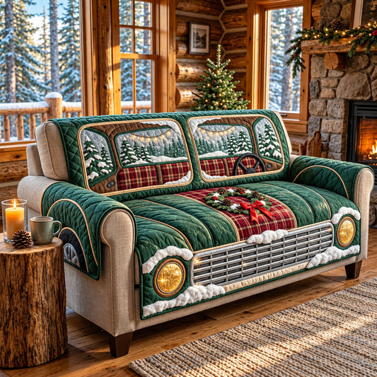 Green Christmas Truck Quilted Sofa Cover GFTOMA15404