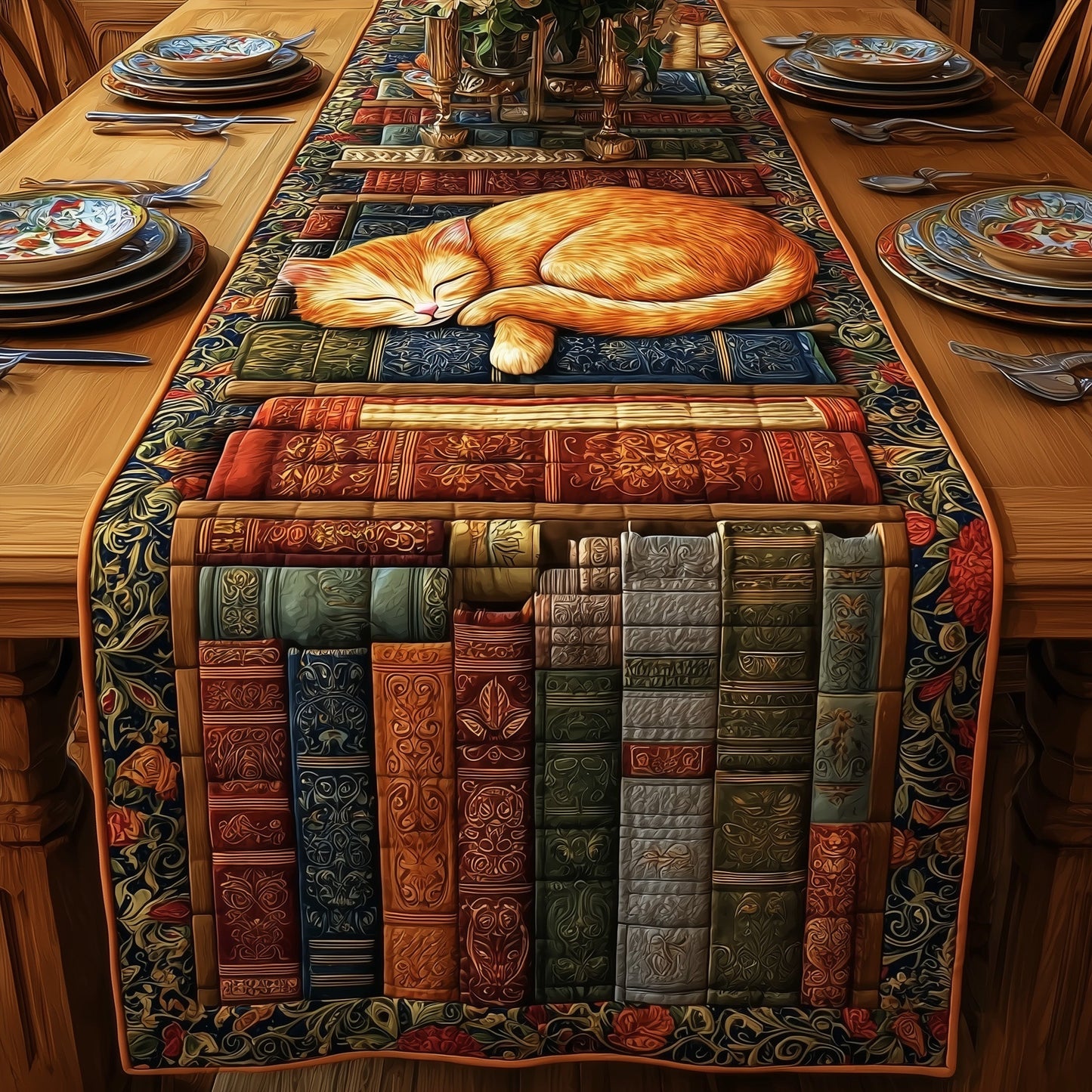 Cozy Library Cats Quilted Table Runner GFTOMA2729