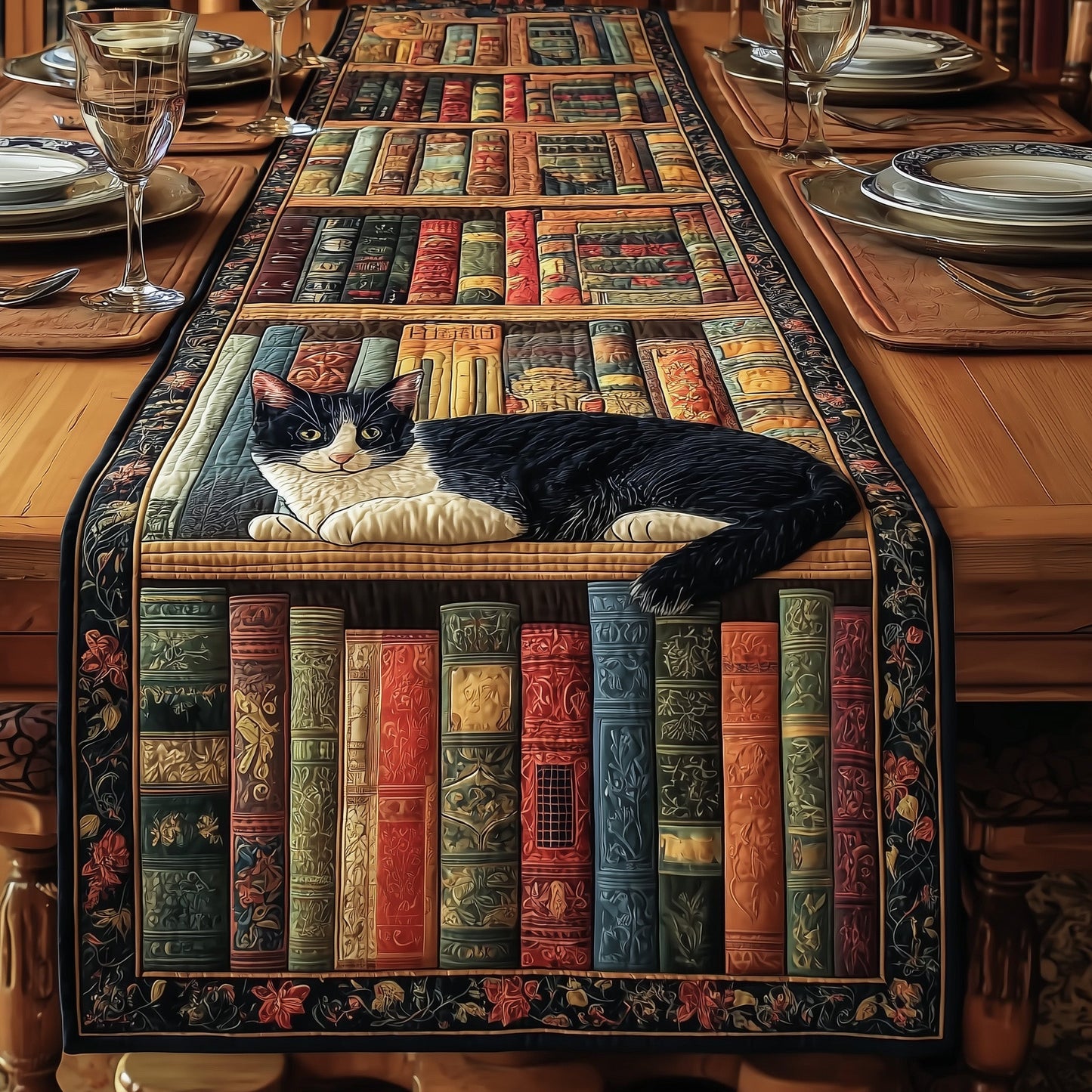 Cozy Library Cats Quilted Table Runner GFTOMA2733