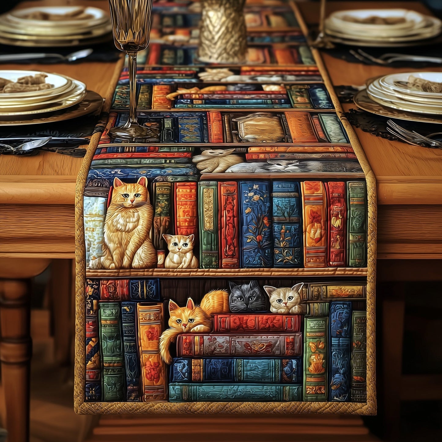 Cozy Library Cats Quilted Table Runner GFTOMA2734