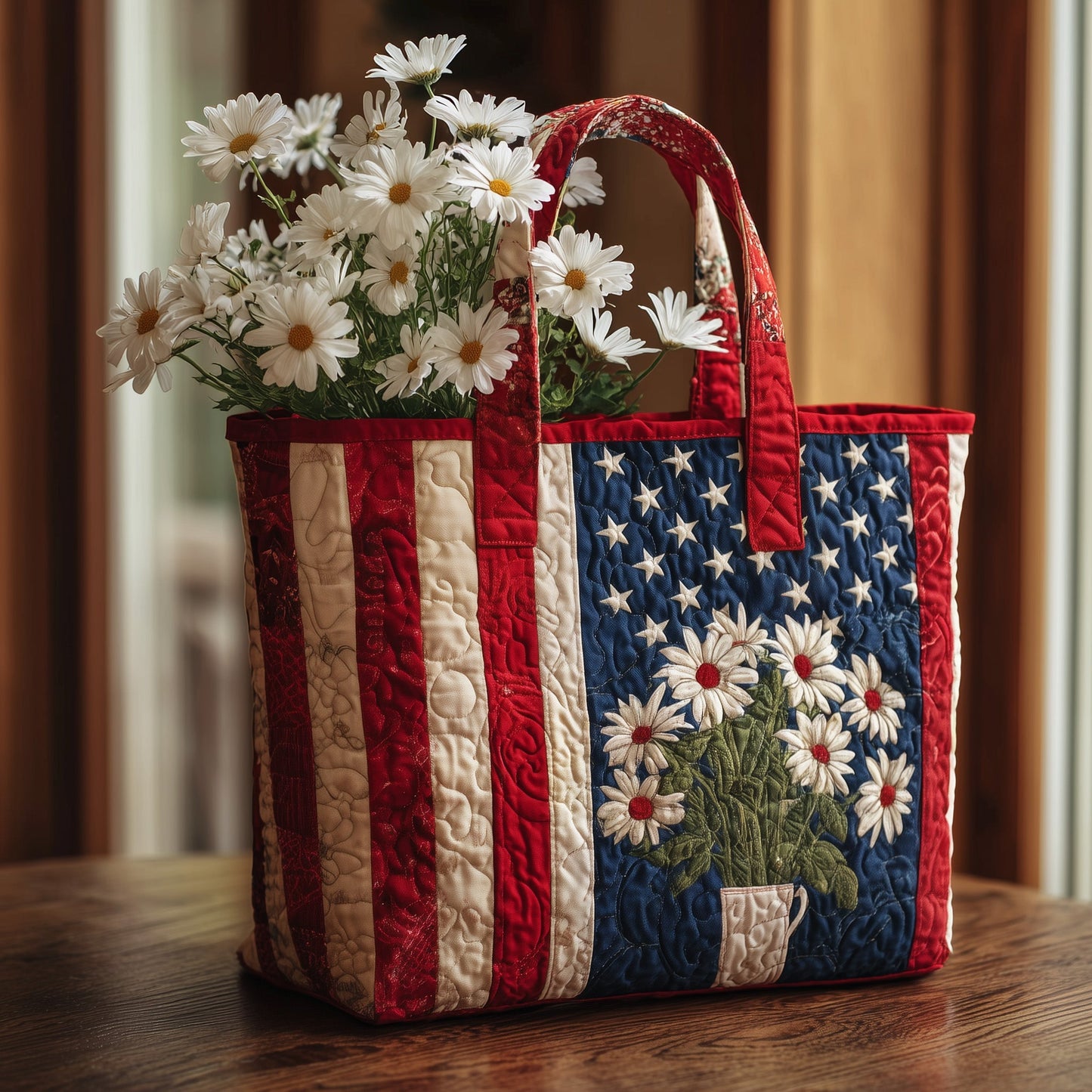Patriotic Daisy Bloom Quilted Tote Bag GFTOMA3115