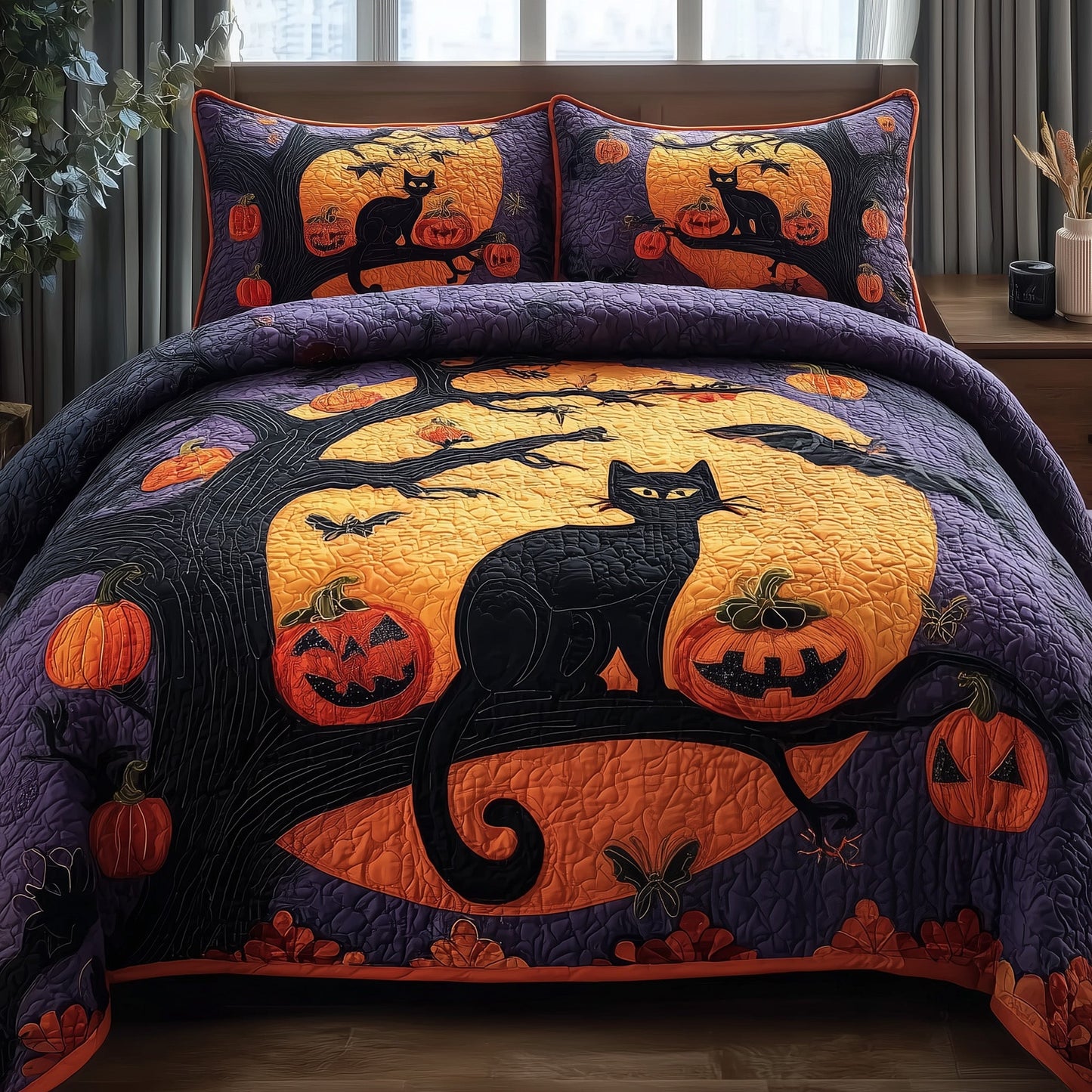 Spooky Black Cat 3-Piece Quilted Bedding Set GFTOMA3960